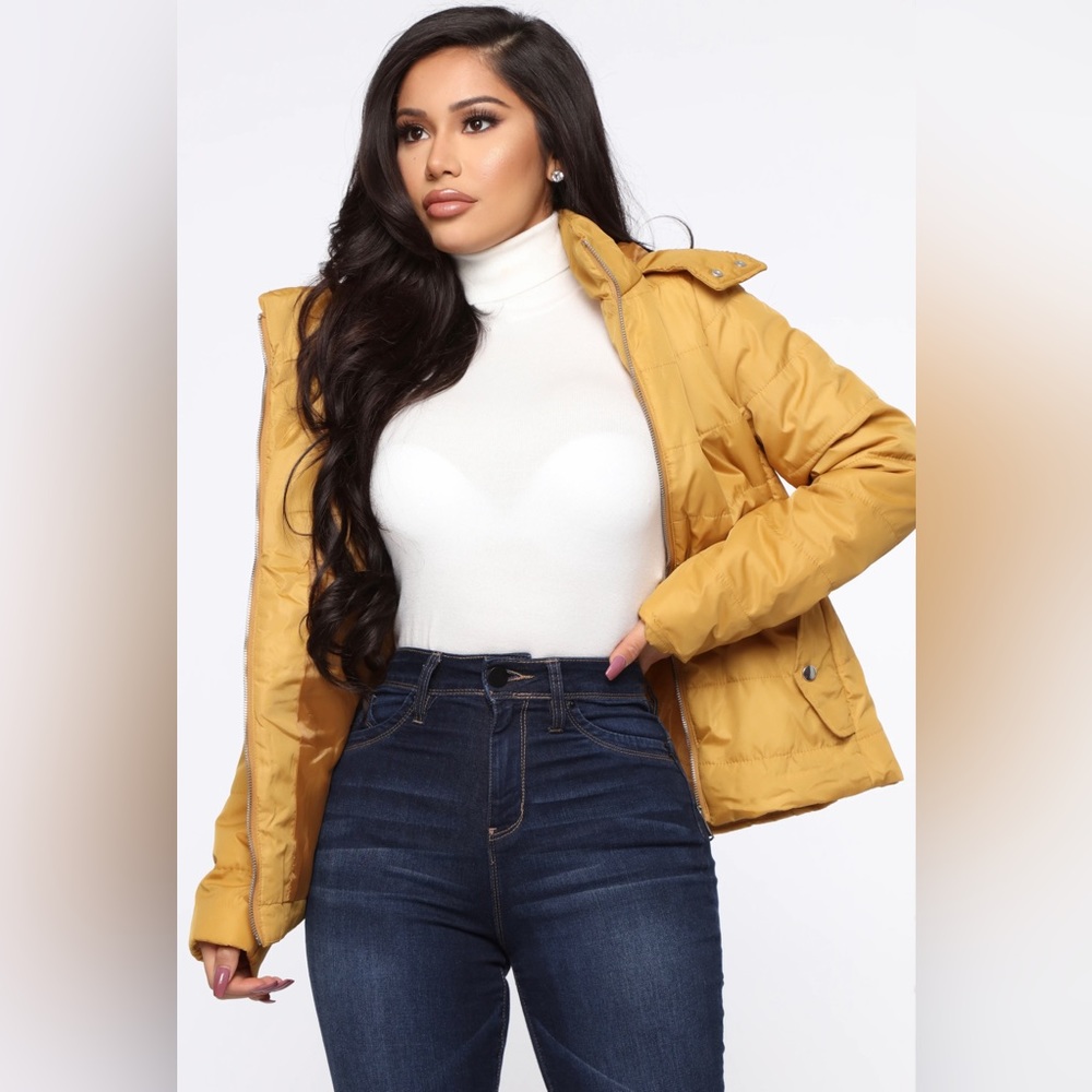 Mustard Puffer Jacket Faux Fur Hood Sz S